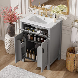 English Elm 24"Bathroom Luxurious Space-Saving Vanity with Ceramic Sink, Solid Wood Frame, Soft-Close Doors and Storage Grey N729P183716E