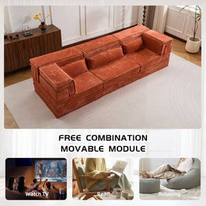 English Elm Compression Modular Sofa Bed - Oversized Convertible Sectional With Plush Fleece & 3 Pillows, Orange W3723S00018