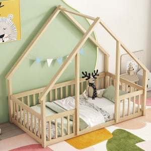 English Elm Twin Wood House-Shaped Floor Bed with Fence and Guardrails – Playful Pine Frame for Imaginative Kids Retreat Natural W504P143291