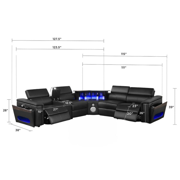 English Elm Nova Power Reclining Sectional with Bluetooth Audio Led Bar and Lift Top Wine Storage Black B009S02163