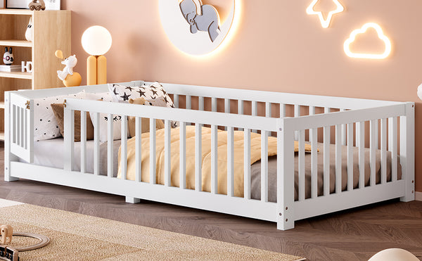 English Elm Twin Twin Size Floor Bed with Safety Guardrails and Playful Door for Kids, Pine/Plywood, Low Profile White W1580P338944