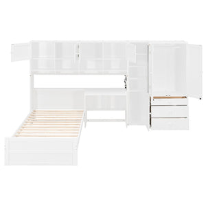English Elm Wooden Twin Loft Bed with Built-in Desk Wardrobe Storage Drawers and Led Lighting N820S00069K