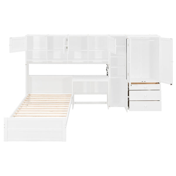 English Elm Wooden Twin Loft Bed with Built-in Desk Wardrobe Storage Drawers and Led Lighting N820S00069K