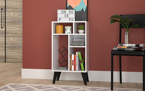 Manhattan Comfort Warren Mid-Century Modern Bookcase White with Black Feet 190AMC205