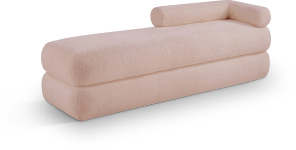 Meridian Furniture Kennedy Upholstered Bench with Channel Tufted Base Plush Seat for Bedroom or Living Room Pink Faux Shearling Teddy Fabric 190Pink