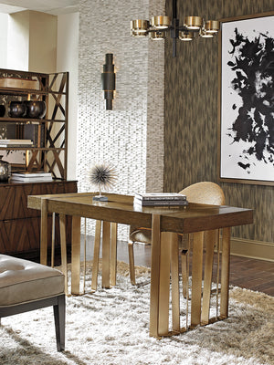 Lexington Sligh Intersect Writing Desk - Modern Mocha Oak Design With Asymmetrical Metal Base & Stylish Pencil Drawer Delshire Wood 190-410