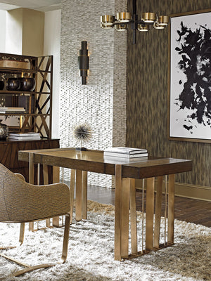 Lexington Sligh Intersect Writing Desk - Modern Mocha Oak Design With Asymmetrical Metal Base & Stylish Pencil Drawer Delshire Wood 190-410