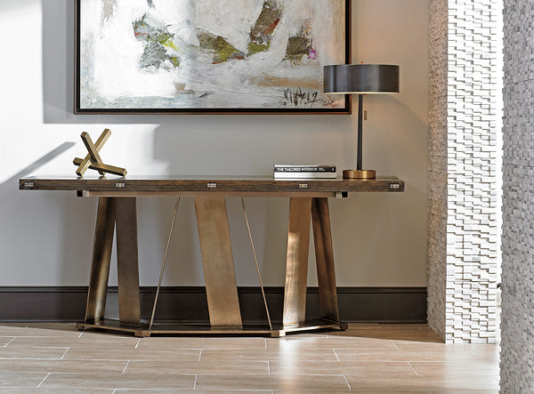 Lexington Sligh Gateway Flip-top Console: Stylish Mocha Finish With Asymmetrical Metal Base For Modern Home Design Delshire Wood 190-470