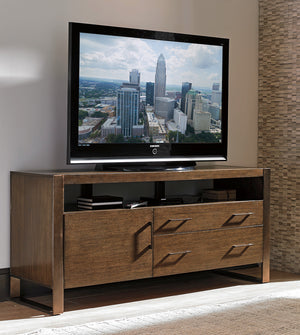 Lexington Sligh Paramount Media Console: Stylish Mocha Oak Design With Open Compartments, Drawers & Urban Edge Delshire Wood 190-660