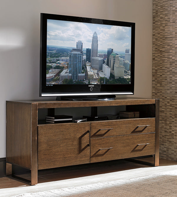 Lexington Sligh Paramount Media Console: Stylish Mocha Oak Design With Open Compartments, Drawers & Urban Edge Delshire Wood 190-660