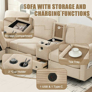 English Elm United Multifunctional L-Shaped Corduroy Sofa: 4-Seater With Usb Ports, Storage, And Comfort Features W1568S00226-GIGA