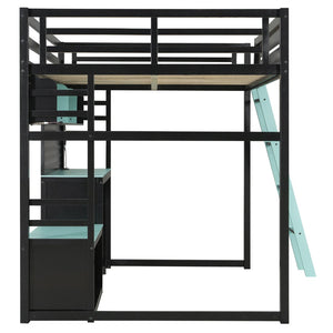 English Elm Full Size Gaming Loft Bed with Built-in Desk Led Lighting Usb Ports and Pegboard Black+Blue LT000270AAC