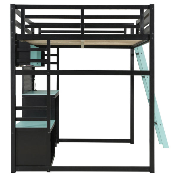 English Elm Full Size Gaming Loft Bed with Built-in Desk Led Lighting Usb Ports and Pegboard Black+Blue LT000270AAC