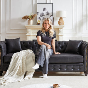 English Elm Fx Elegant Chesterfield 85.5" 3-Seater Sofa With Tech Fabric, Rolled Arms, Cushions For Any Space W1926S00035