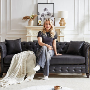 English Elm Fx Chesterfield Sofa Hand Tufted Tech Fabric Three Seat Living Room Couch Black W1926S00109