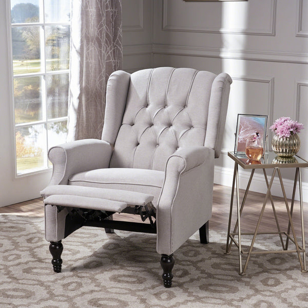 English Elm Christopher Knight Home® - Light Grey Tufted Fabric Arm Chair Recliner with Wingback Design, Button-Tufted Diamond Stitch Comfort and Pushback Recline, 28.5"W x 62"D Fully Reclined — Stylish Living Room Accent 56992.00LGY