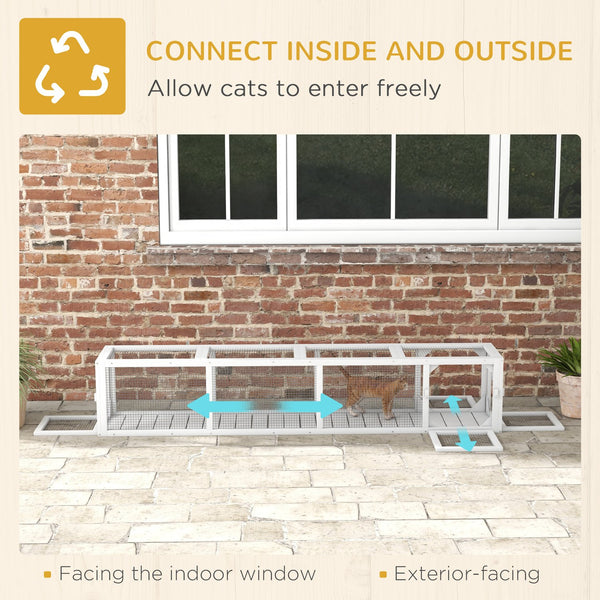 English Elm PawHut Extendable Outdoor Cat Tunnel 79" Wooden Catio Run with Weatherproof Mesh, Multi-Entry White+Black W2225P200586
