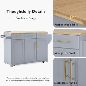 English Elm K&K Vintage Kitchen Island with Rubberwood Top, Hidden Wheels, Pull-Out Trash & Charging Station Grey+Blue N707P299014G