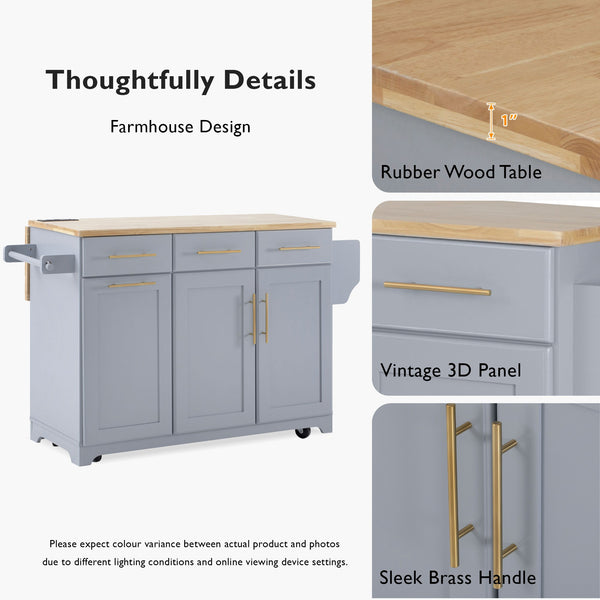 English Elm K&K Vintage Kitchen Island with Rubberwood Top, Hidden Wheels, Pull-Out Trash & Charging Station Grey+Blue N707P299014G