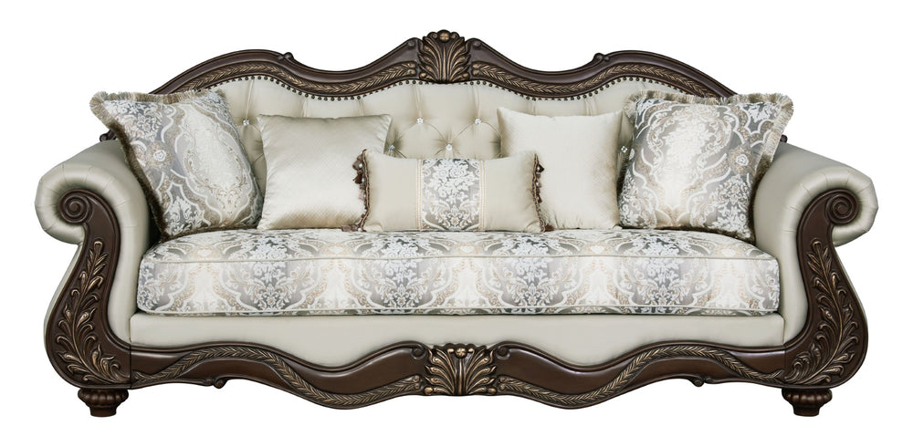 English Elm Pierce Beige Fabric Sofa With Cherry Finish & 5 Accent Pillows - Elegant Design For Refined Living B2726S00276-GIGA