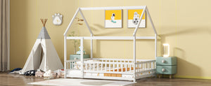 English Elm Full Size House Floor Bed With Roof Frame & Safety Guardrails - Cozy, Imaginative Retreat For Kids W504P286408