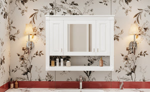English Elm 35inch White Wall Mounted Medicine Cabinet Mirrored Doors Open Shelving Bathroom Storage N710P415335K