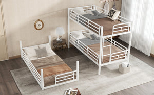 English Elm Twin Triple Metal Bunk Bed Matte Powder Coated Frame with Full Safety Guardrails Light White W1580S00579