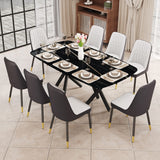 9-Piece Dining Set: Black Marble-Look Table & 8 Leatherette Black-Leg Chairs