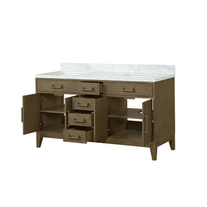 English Elm Grey Oak Double Bath Vanity With Elegant Carrara Marble Top For Modern Bathroom Storage Solutions B2731P259853