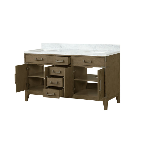 English Elm Grey Oak Double Bath Vanity With Elegant Carrara Marble Top For Modern Bathroom Storage Solutions B2731P259853
