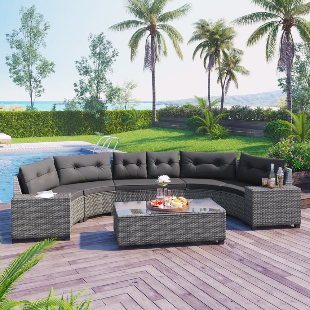 English Elm <old Sku Outdoor Pe Rattan Half Moon Sectional Patio Set with Tempered Glass Tables Gray N704G201215E