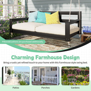 English Elm TOPMAX Acacia Wood Twin Porch Swing Bed Frame with High Back, 350lb Capacity & 118" Hemp Ropes Black N717P265795B