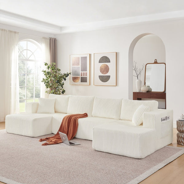English Elm 132" U-shaped Modular Corduroy Sectional with Deep Foam Cushions for Living Room Beige W5802S00002