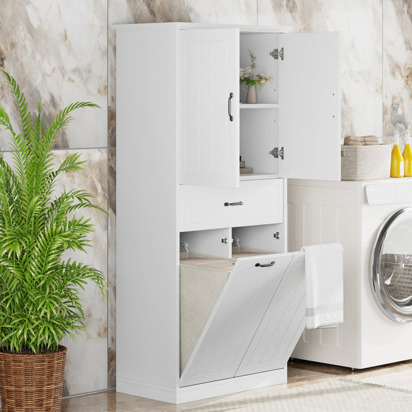 English Elm Christopher Knight Home® - Bathroom Storage Cabinet with Doors Drawer & Dual Laundry Baskets, MDF Build, Adjustable Shelf, Anti-Tip Device White N759P243350K