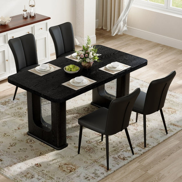 English Elm Table Set: Modern Black Wood Textured Dining Table With 4 Stylish Pu Chairs For Contemporary Dining W1151S04314-GIGA