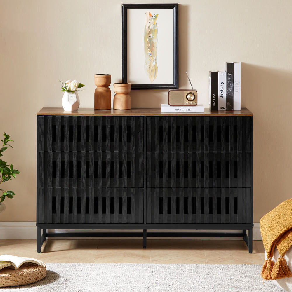 English Elm 6 Drawer Double Dresser Black Grille Striped Doors, Modern MDF & Metal Legs, Sturdy 6-Drawer Storage Elegance W578P193307