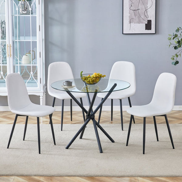 English Elm Table Set - Contemporary 36.6" Round Tempered Glass Dining Table With 4 White Linen Chairs For Modern Homes W1151S03670-GIGA