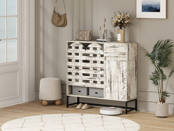 English Elm 44.3"Farmhouse Rustic Sideboard Cabinet with Arched Lattice Doors, Drawer & Open Shelves, White Vintage W2977P338333