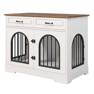 English Elm 43.3" Farmhouse Mdf Dog Crate Console with Drawers and Rotating Bowls for Large Breeds N704P414598A