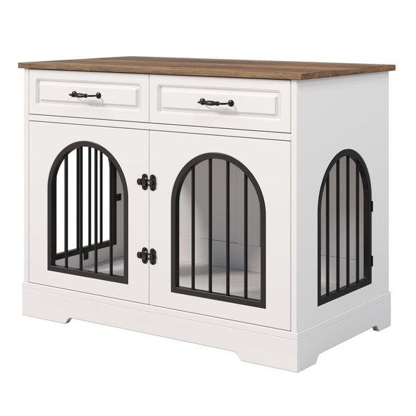 English Elm 43.3" Farmhouse Mdf Dog Crate Console with Drawers and Rotating Bowls for Large Breeds N704P414598A