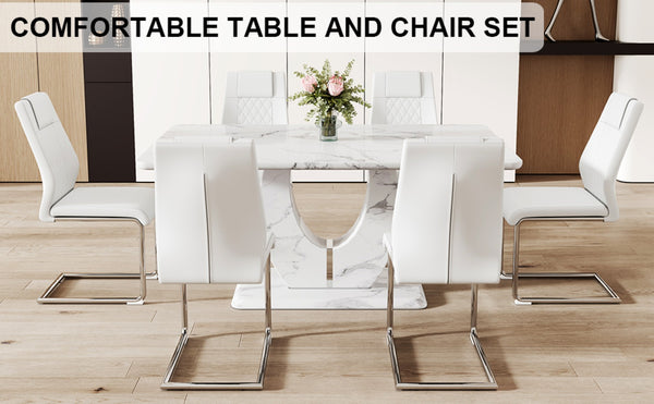 English Elm Table And Chair Set - Modern Marble Pattern Mdf Dining Set With 6 White Pu Chairs For Elegance W1151S02182-GIGA