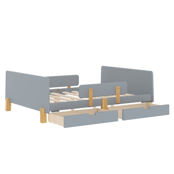 English Elm Twin Low Profile Kids Floor Bed Pine Wood Frame with Safety Rail and Built in Bookshelf Gray W1580P373246