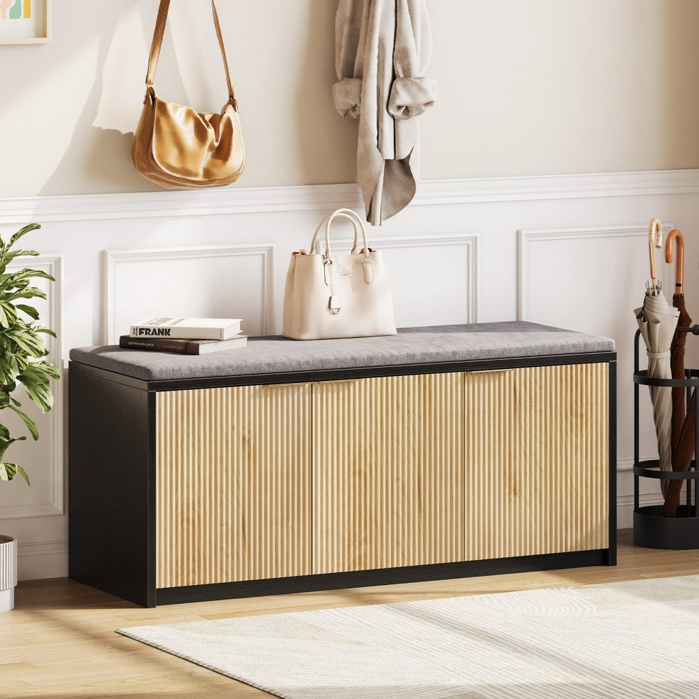 English Elm Vividwood Entryway Storage Bench Slatted Doors Padded Seat Modern Farmhouse Style T5618P505963