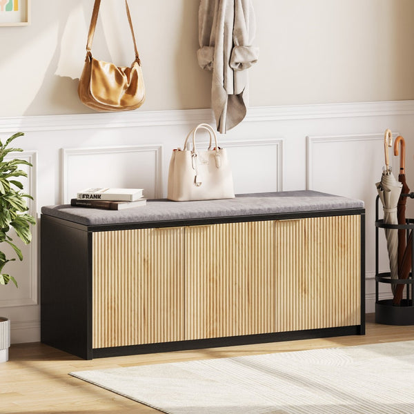 English Elm Vividwood Entryway Storage Bench Slatted Doors Padded Seat Modern Farmhouse Style T5618P505963