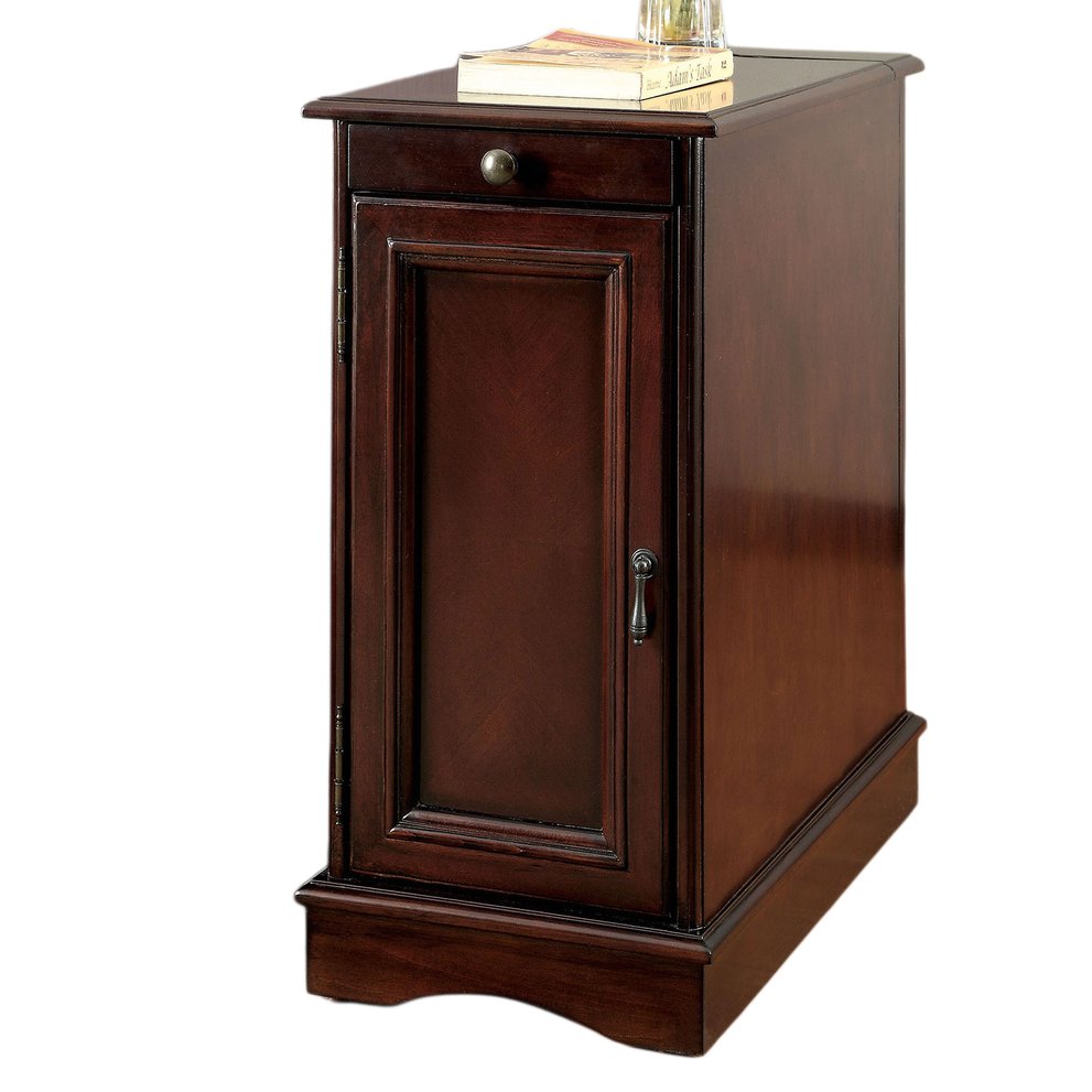 English Elm Transitional Side Table with Built-In USB & Power Dock, Pull-Out Cup Holder and Spacious Cabinet Storage Cherry 15 L x 27 W x 26 H B2741P341685