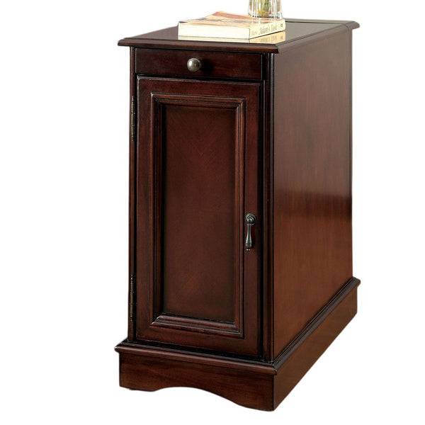 English Elm Transitional Side Table with Built-In USB & Power Dock, Pull-Out Cup Holder and Spacious Cabinet Storage Cherry 15 L x 27 W x 26 H B2741P341685