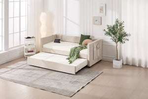 English Elm Twin Velvet Upholstered Daybed with Trundle, V-Pattern Backrest, USB Port, Side Pockets, Sturdy Design Beige W1361S00041