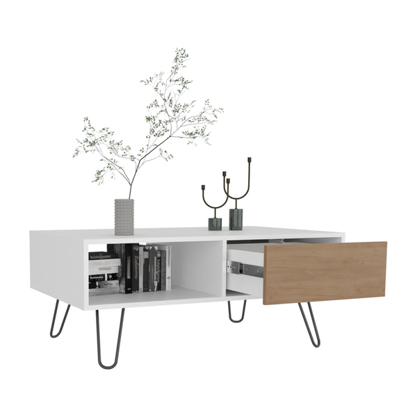 English Elm Coffee engineered wood coffee table on casters with single shelf, minimalist, durable, eco-friendly White + Light Oak 45.67 L x 39.6 W x 3.94 H B097P262379