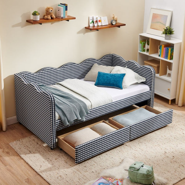 English Elm Twin Gingham Linen Daybed with Wave Silhouette Usb Port and Dual Storage Drawers Navy W1413S00144