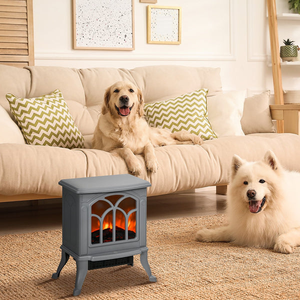 English Elm HOMCOM Freestanding Electric Fireplace Stove with Realistic Flame, 750/1500W Heat, Safety Features Gray W2225P229239